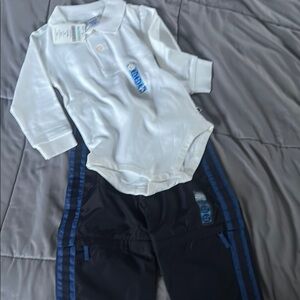White Polo Bodysuit and Black and blue Pants Set